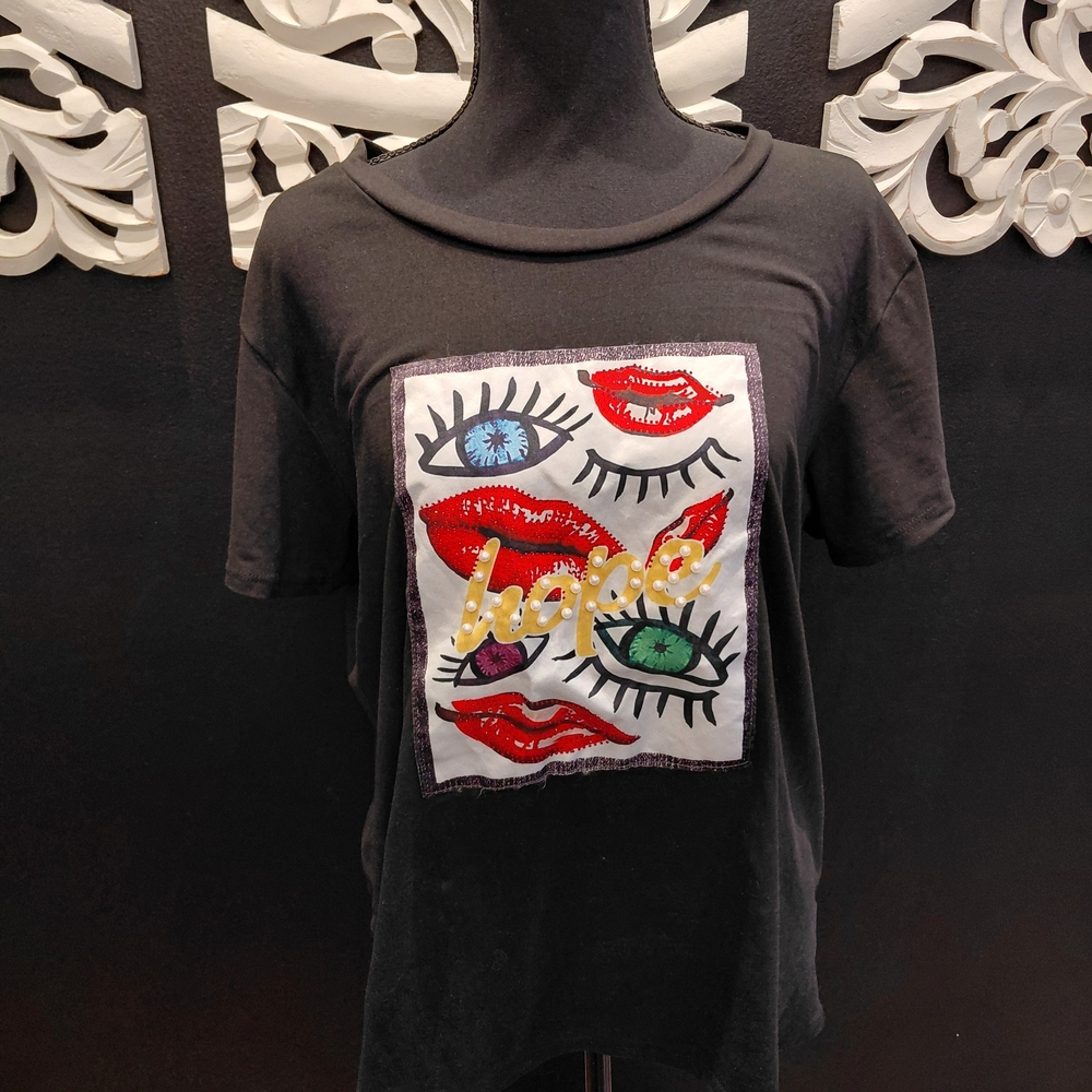 Black Graphic Tee with Colorful Eye & Lip Patch